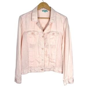 Pink Linen Jacket Womens XL Button Front Lightweight Frayed Casual Resort Layer